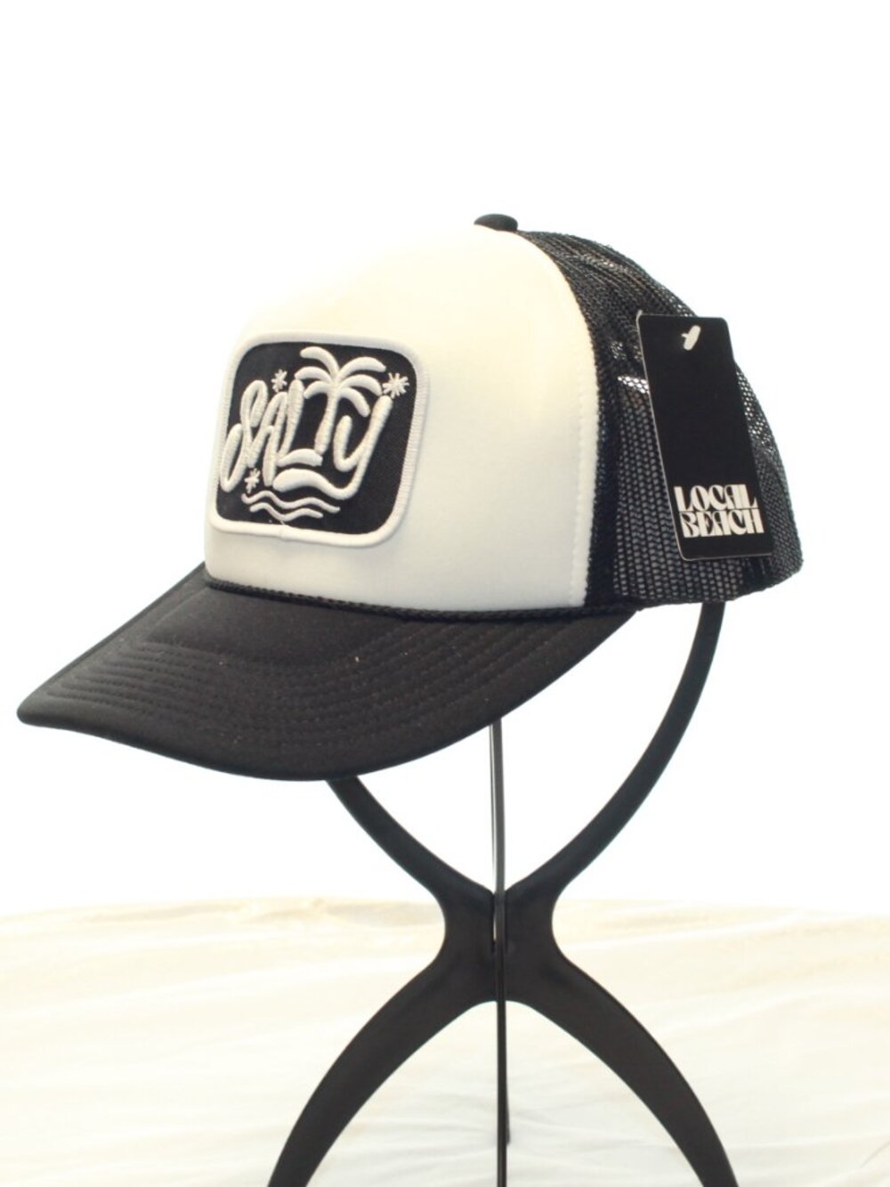 Local Beach Black White Salty Palm Tree Patch Adj Snapback Trucker Hat - NWT